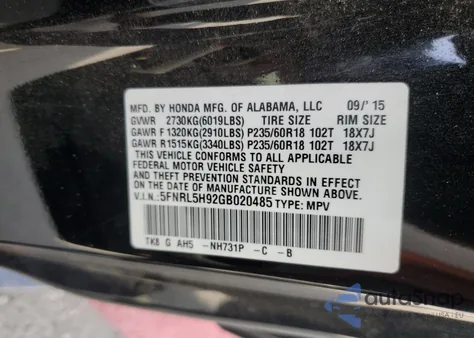 2016 Honda Odyssey Touring z USA, uszkodzony, nr VIN 5FNRL5H92GB020485